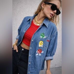 Vintage Style Kitsch M&M Denim Button Down Shirt 100% Cotton